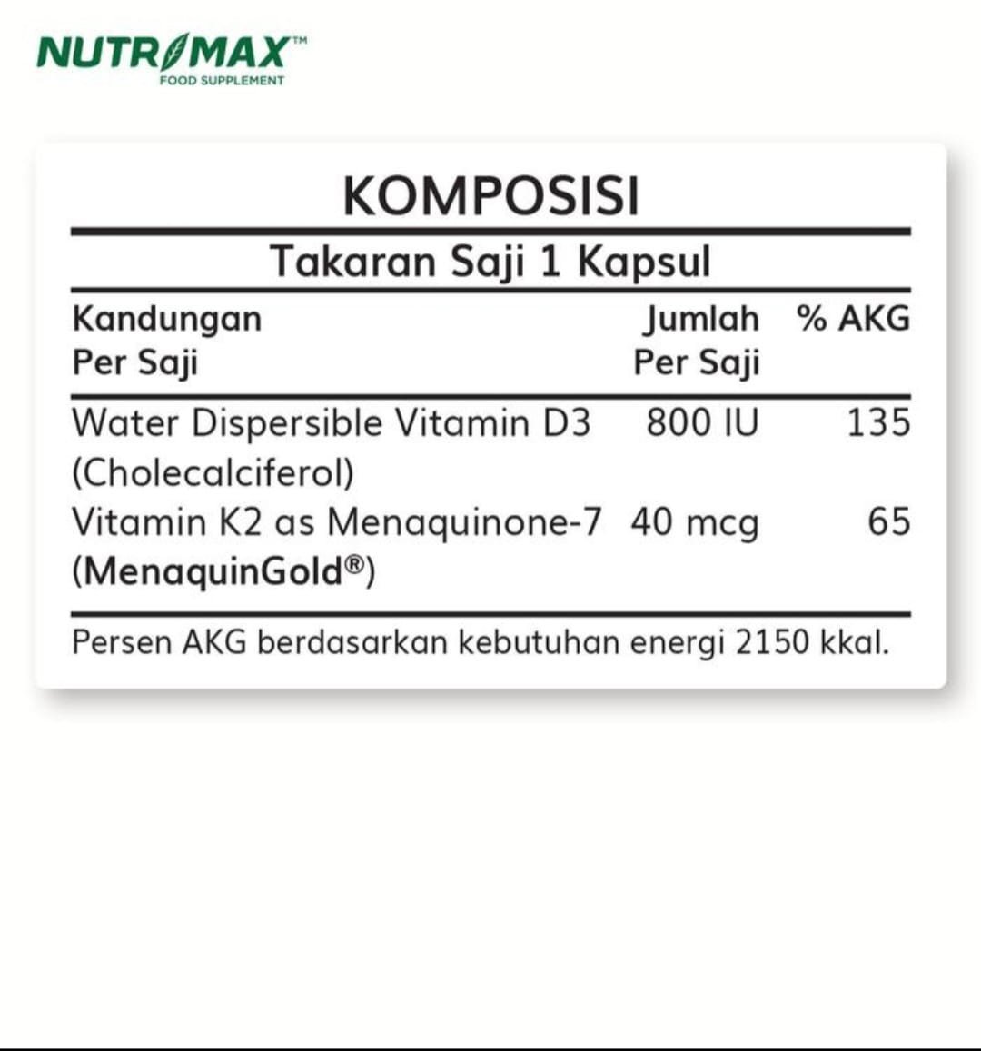 Nutrimax vit D3 800iu K2 1 Botol Isi 30 Kapsul (per Botol) - Gambar 2